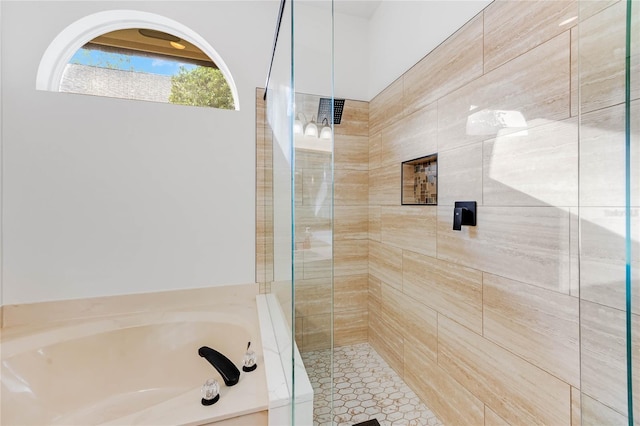 bathroom with plus walk in shower and tile patterned floors