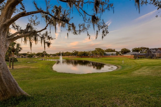 view of property's community featuring a water view and a yard