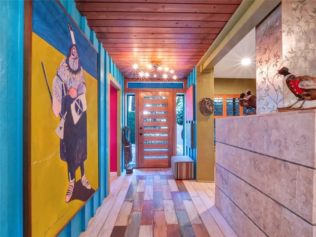 interior space featuring wood ceiling and hardwood / wood-style flooring