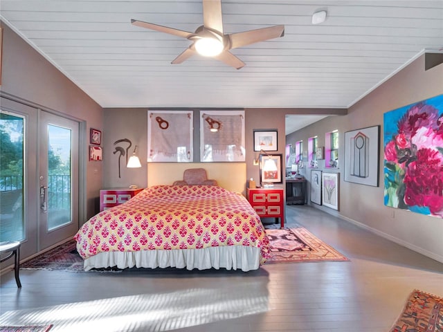 bedroom featuring dark wood-type flooring, french doors, ceiling fan, and access to outside