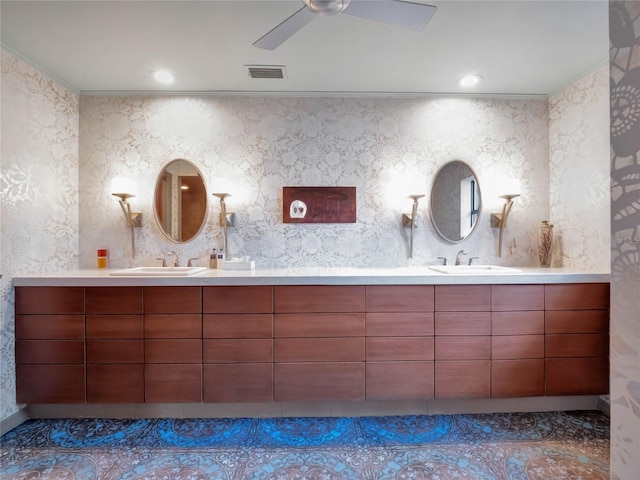 bathroom with vanity, tile patterned floors, and ceiling fan