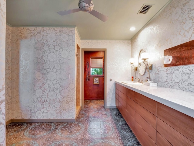 bathroom with vanity and ceiling fan