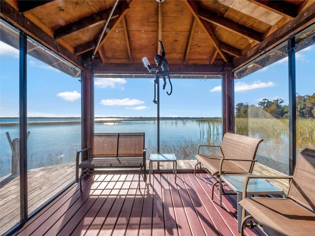 dock area with a deck with water view and a gazebo