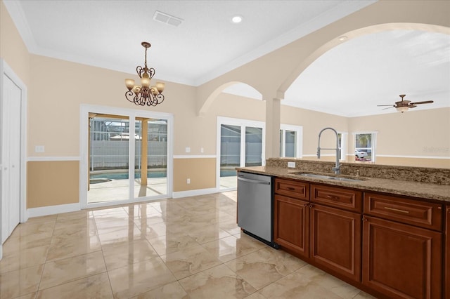 kitchen featuring light stone counters, ceiling fan with notable chandelier, sink, dishwasher, and hanging light fixtures