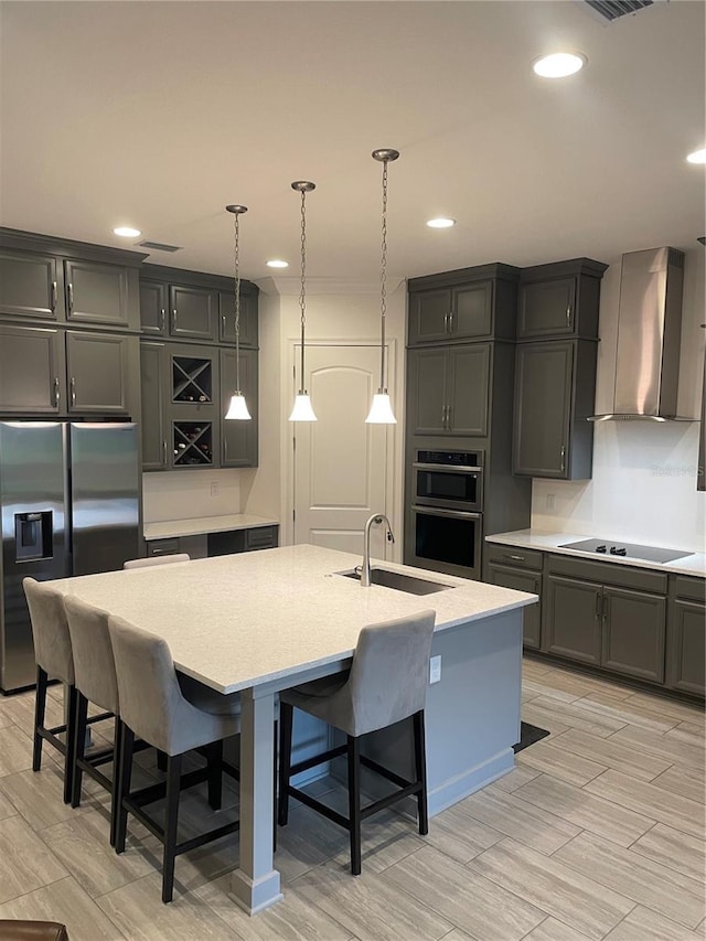 kitchen featuring a kitchen island with sink, sink, wall chimney exhaust hood, and appliances with stainless steel finishes