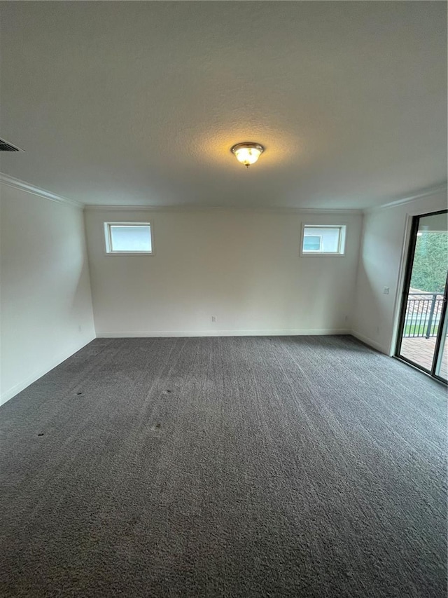 unfurnished room with plenty of natural light, carpet floors, a textured ceiling, and ornamental molding