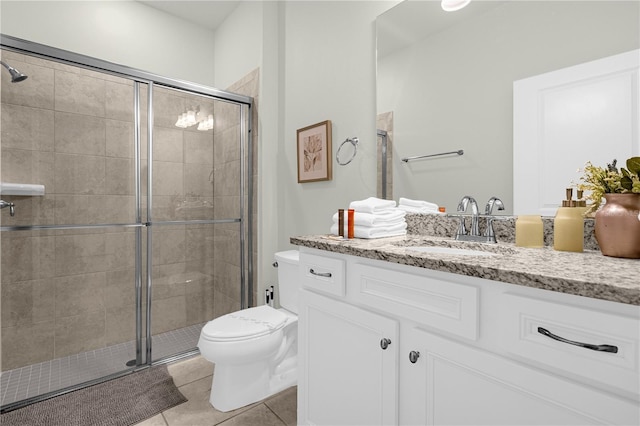 bathroom featuring tile patterned floors, walk in shower, vanity, and toilet