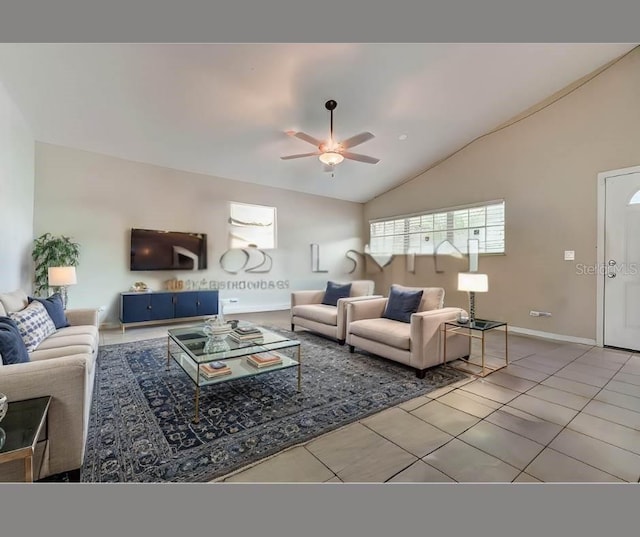 living room with tile patterned floors, ceiling fan, and lofted ceiling