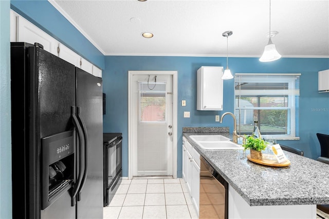 kitchen featuring a kitchen island, pendant lighting, sink, white cabinets, and black appliances