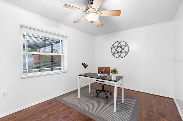 office space featuring ceiling fan, a textured ceiling, and dark hardwood / wood-style flooring