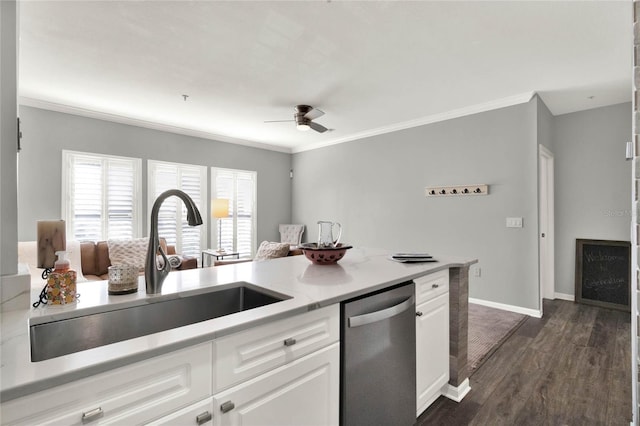 kitchen featuring white cabinets, ornamental molding, dark wood-type flooring, sink, and dishwasher