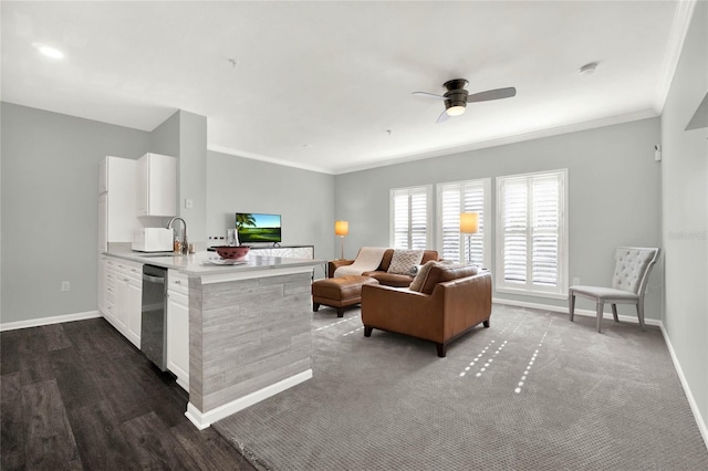 living room featuring sink, ceiling fan, crown molding, and dark wood-type flooring