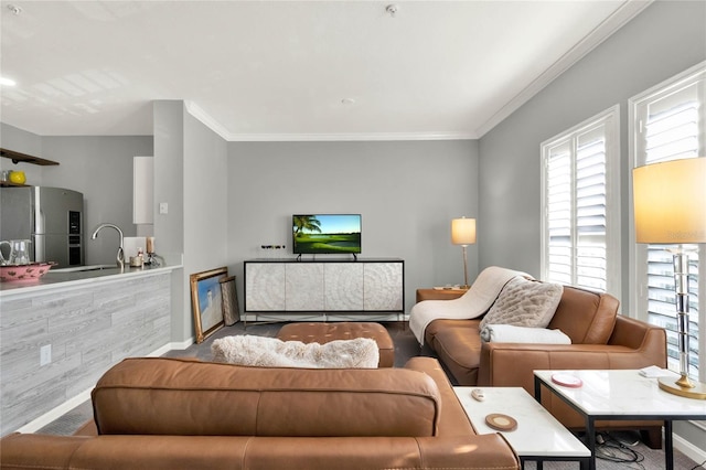 living room featuring a healthy amount of sunlight, ornamental molding, and sink