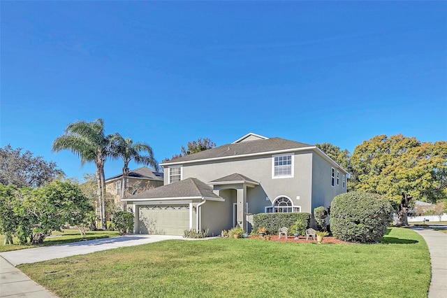 view of front facade with a garage, a front lawn, concrete driveway, and stucco siding