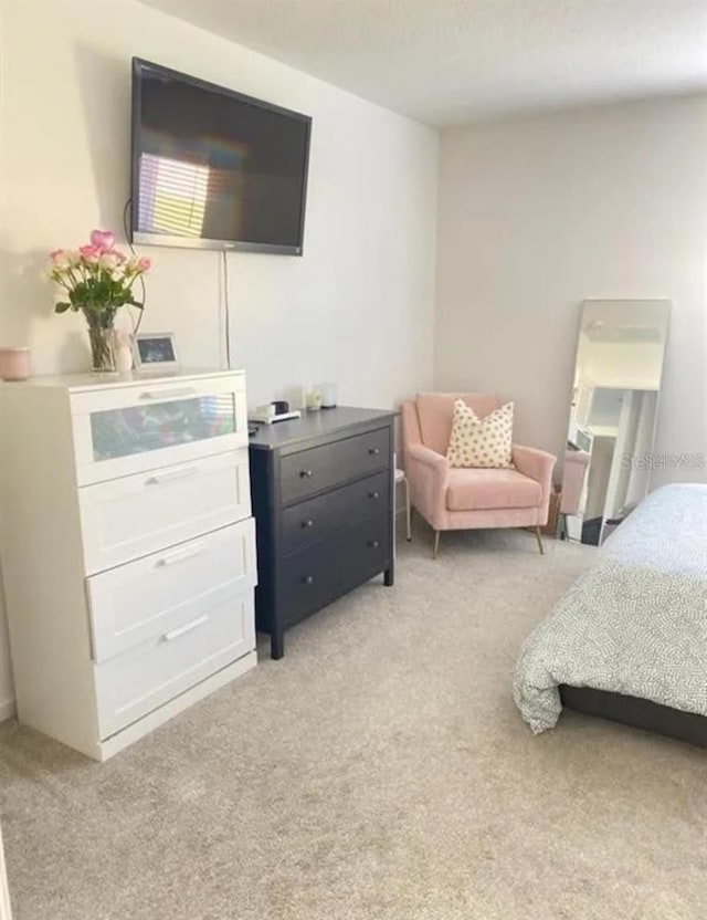 bedroom featuring light carpet