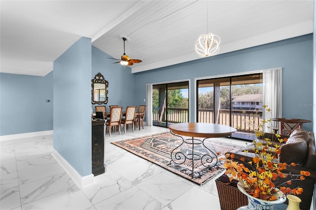 living room with ceiling fan with notable chandelier and wood ceiling