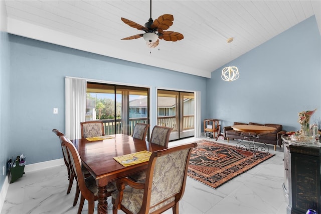 dining space with lofted ceiling, ceiling fan, and wooden ceiling