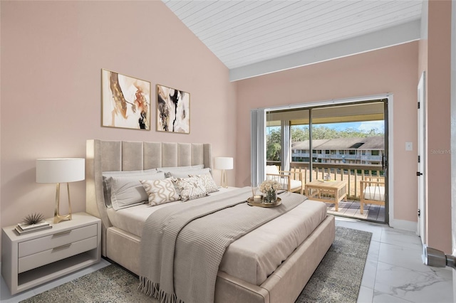 bedroom featuring access to outside, vaulted ceiling, and wood ceiling