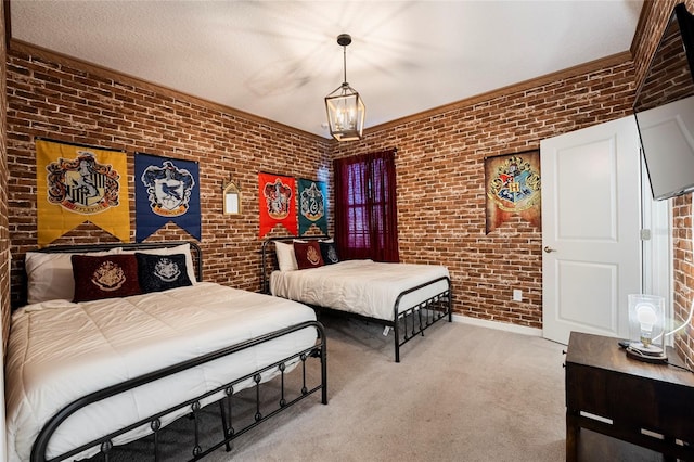 bedroom featuring a chandelier, light colored carpet, and brick wall