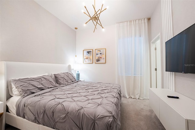 bedroom with light carpet, a chandelier, and vaulted ceiling