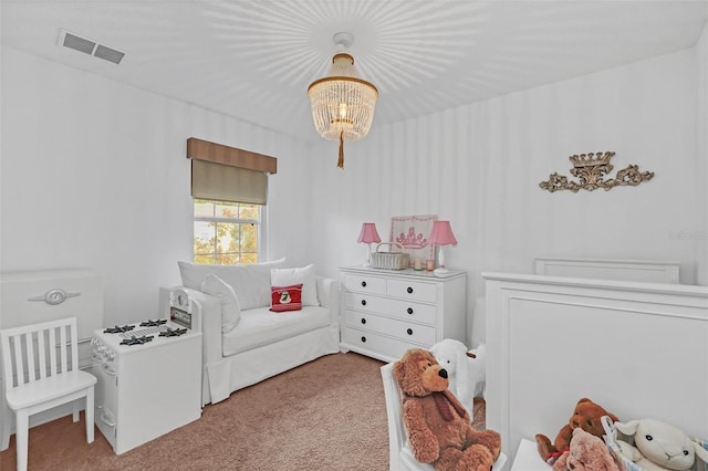 bedroom with light colored carpet and an inviting chandelier