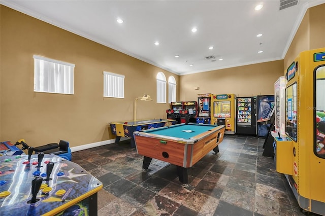 rec room with ornamental molding and pool table