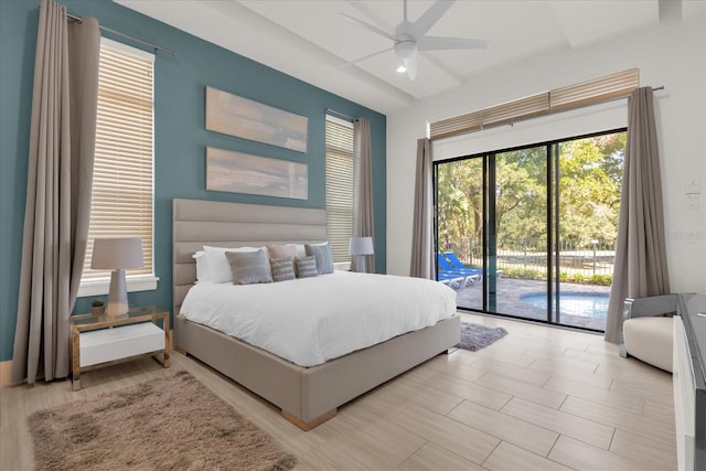 bedroom featuring access to exterior and ceiling fan