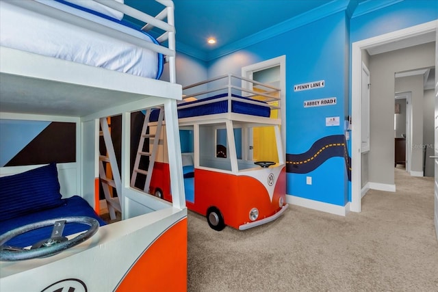 bedroom with carpet and ornamental molding