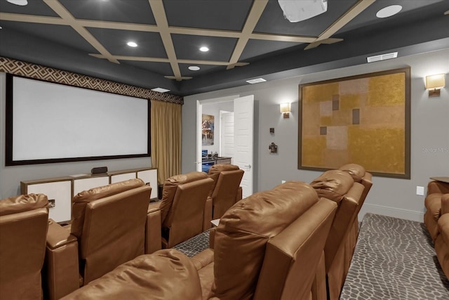 home theater room with beamed ceiling, carpet floors, and coffered ceiling