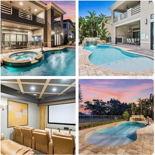 pool at dusk with an in ground hot tub and a patio area