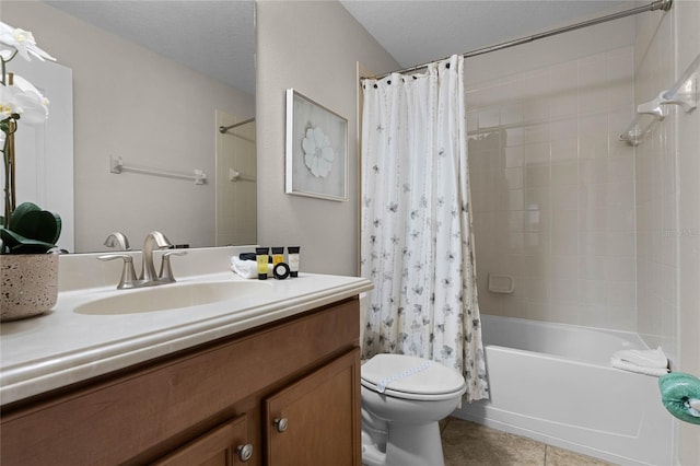 full bathroom with toilet, a textured ceiling, tile patterned flooring, shower / bathtub combination with curtain, and vanity