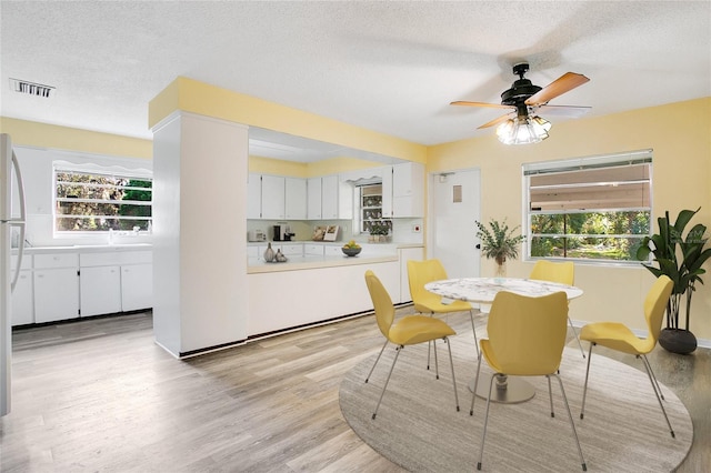 dining room featuring ceiling fan, a textured ceiling, and light wood-type flooring