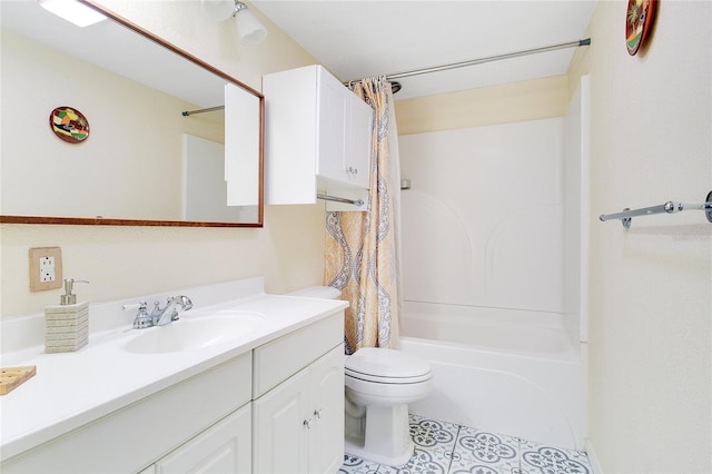 full bathroom with shower / tub combo with curtain, vanity, toilet, and tile patterned flooring