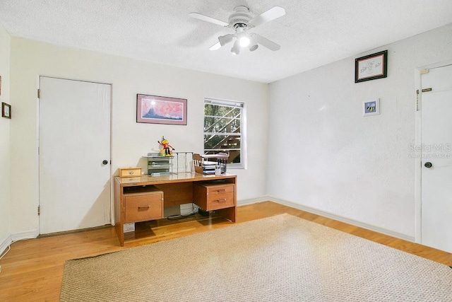 home office featuring ceiling fan, a textured ceiling, and light wood-type flooring