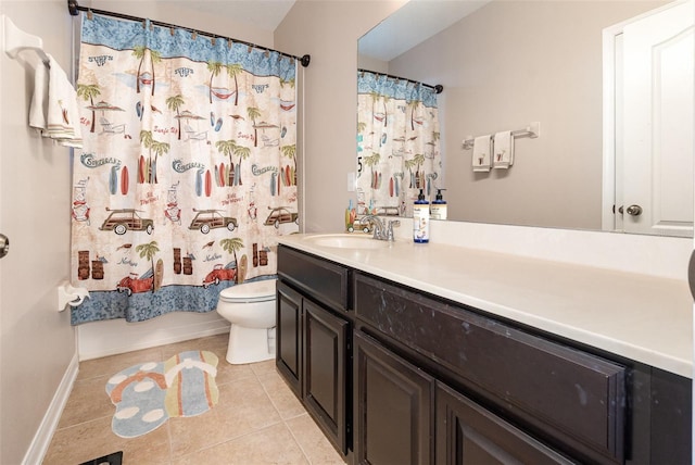 full bathroom with shower / bath combo with shower curtain, toilet, vanity, and tile patterned flooring