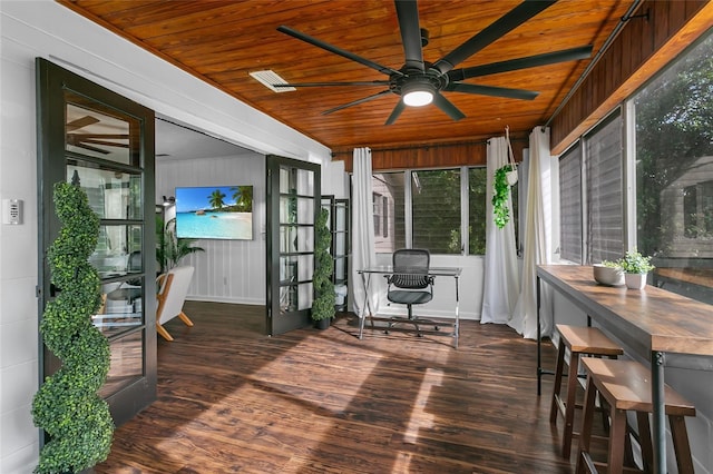 sunroom / solarium featuring ceiling fan and wooden ceiling