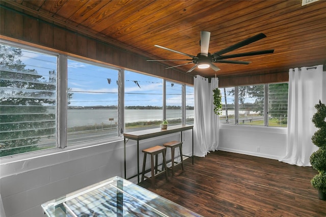 sunroom / solarium with wooden ceiling, ceiling fan, and a healthy amount of sunlight