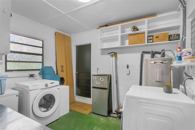 laundry room with electric water heater and washer and clothes dryer