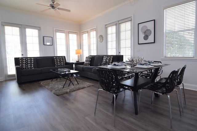 dining room featuring plenty of natural light, ornamental molding, and dark wood-type flooring