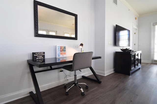 office featuring crown molding and dark wood-type flooring