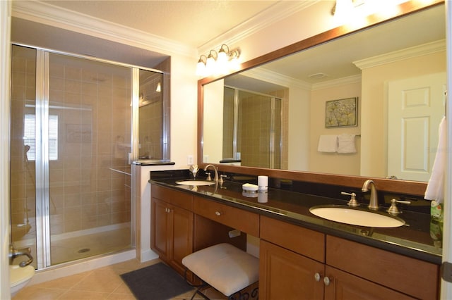 bathroom featuring tile patterned floors, crown molding, and walk in shower