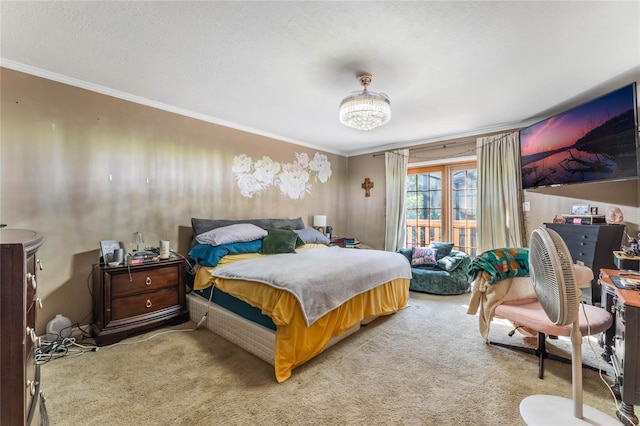 carpeted bedroom featuring crown molding