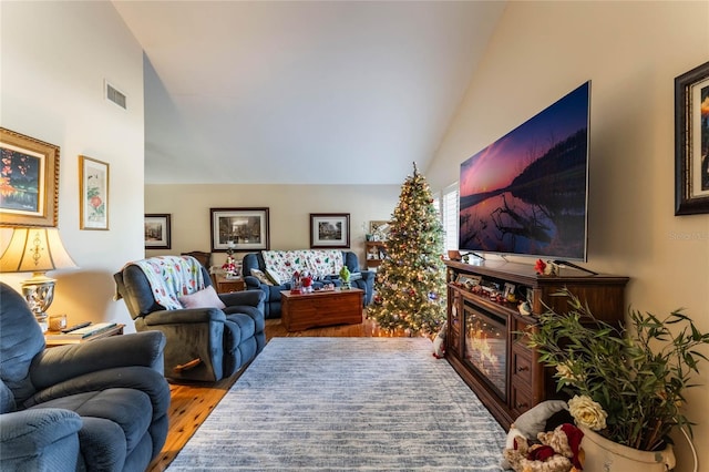 living room featuring wood-type flooring and vaulted ceiling