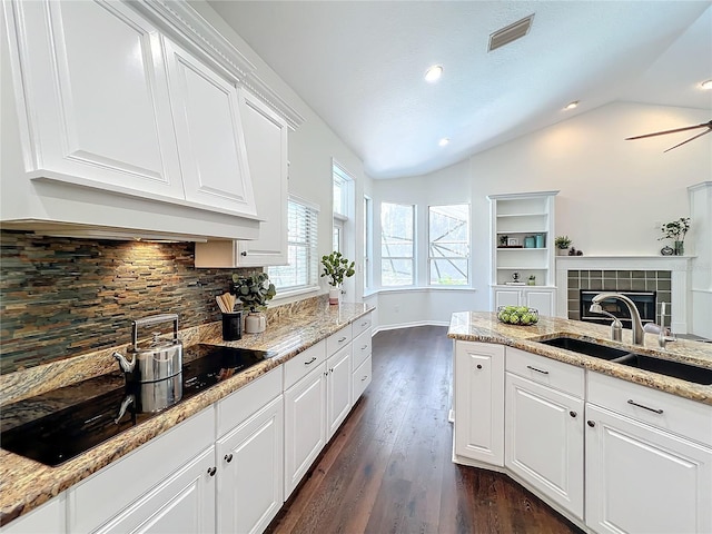 kitchen with sink, vaulted ceiling, dark hardwood / wood-style flooring, white cabinetry, and a tiled fireplace