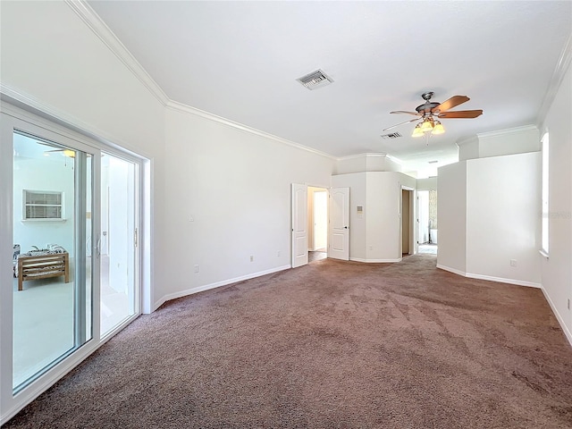 unfurnished room featuring crown molding, ceiling fan, and dark carpet