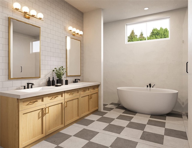 bathroom featuring a tub, vanity, and tile walls