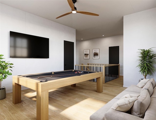 recreation room featuring ceiling fan, billiards, and light hardwood / wood-style flooring