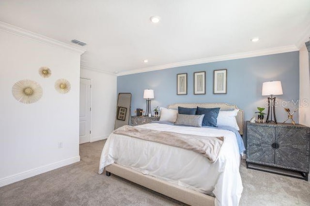 carpeted bedroom with crown molding