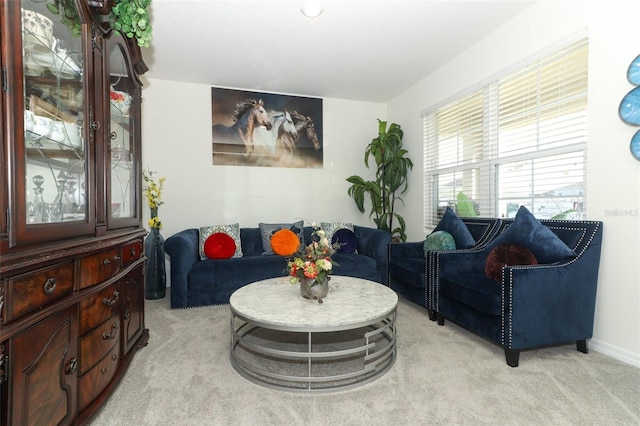 living room featuring light carpet