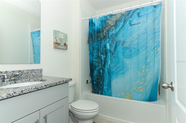 full bathroom with tile patterned floors, vanity, shower / bath combination with curtain, and toilet